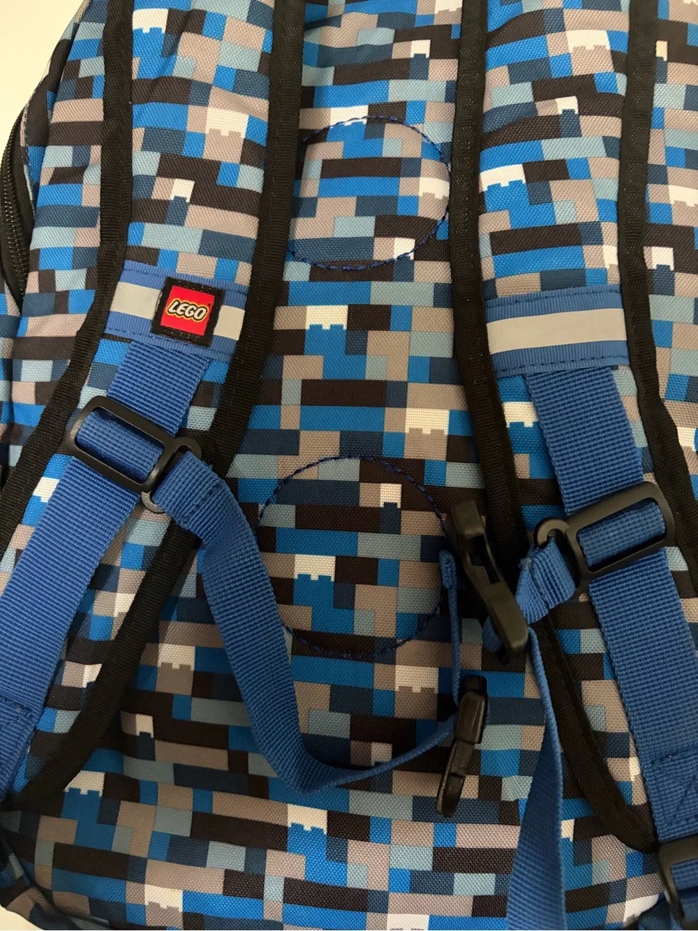 Lego Unisex Backpack in Blue, Black & Gray Pixel Print. Very Good Condition